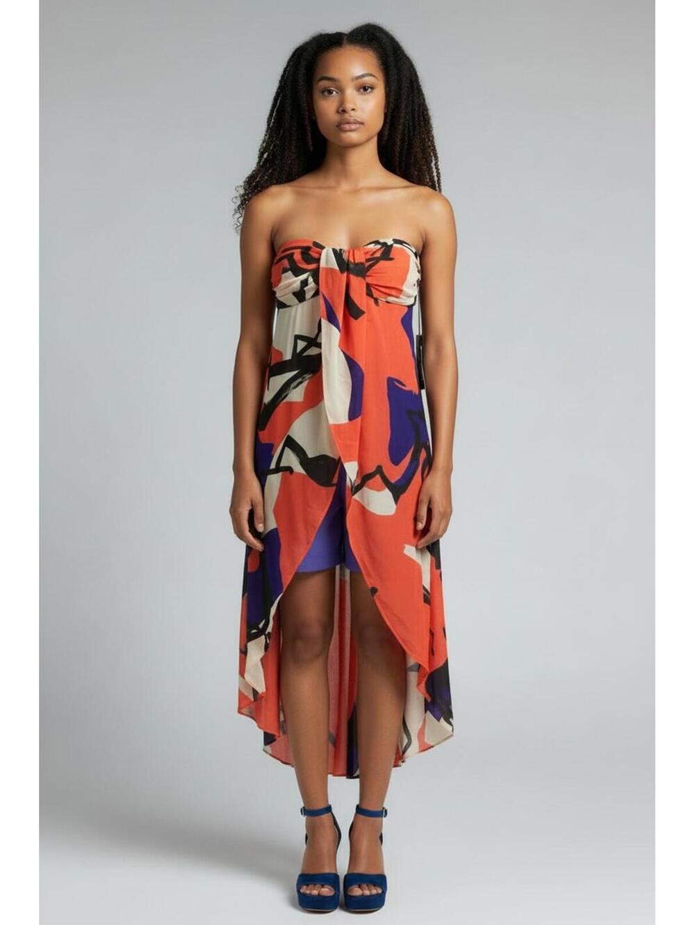 FLAW Gabrielle Union NY&C Abstract Floral Strapless High-Low Top Orange Blue, M